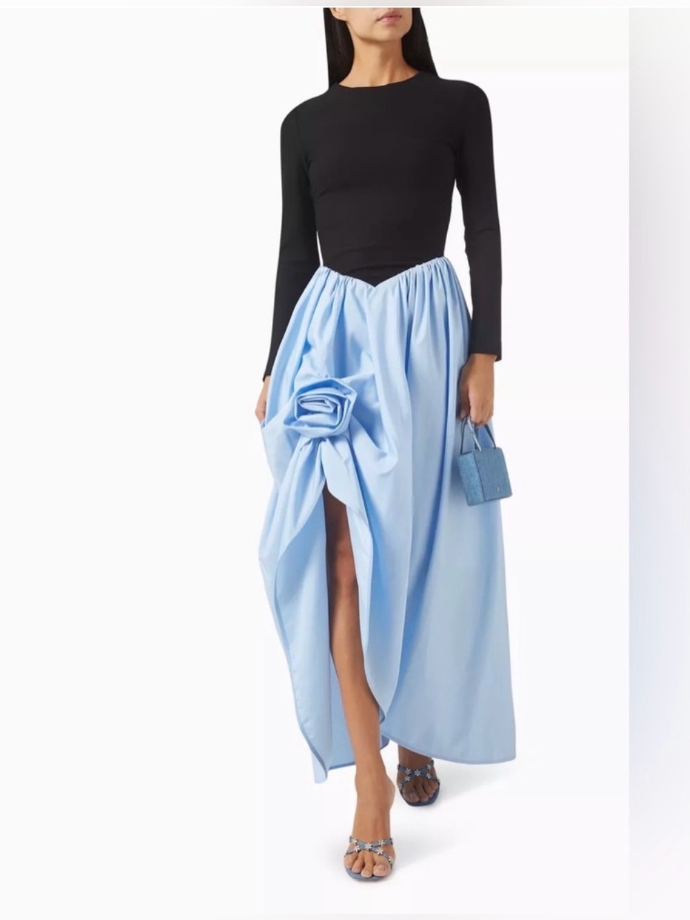 SLEEPER Aurora Maxi Dress with Rose Detail in Blue